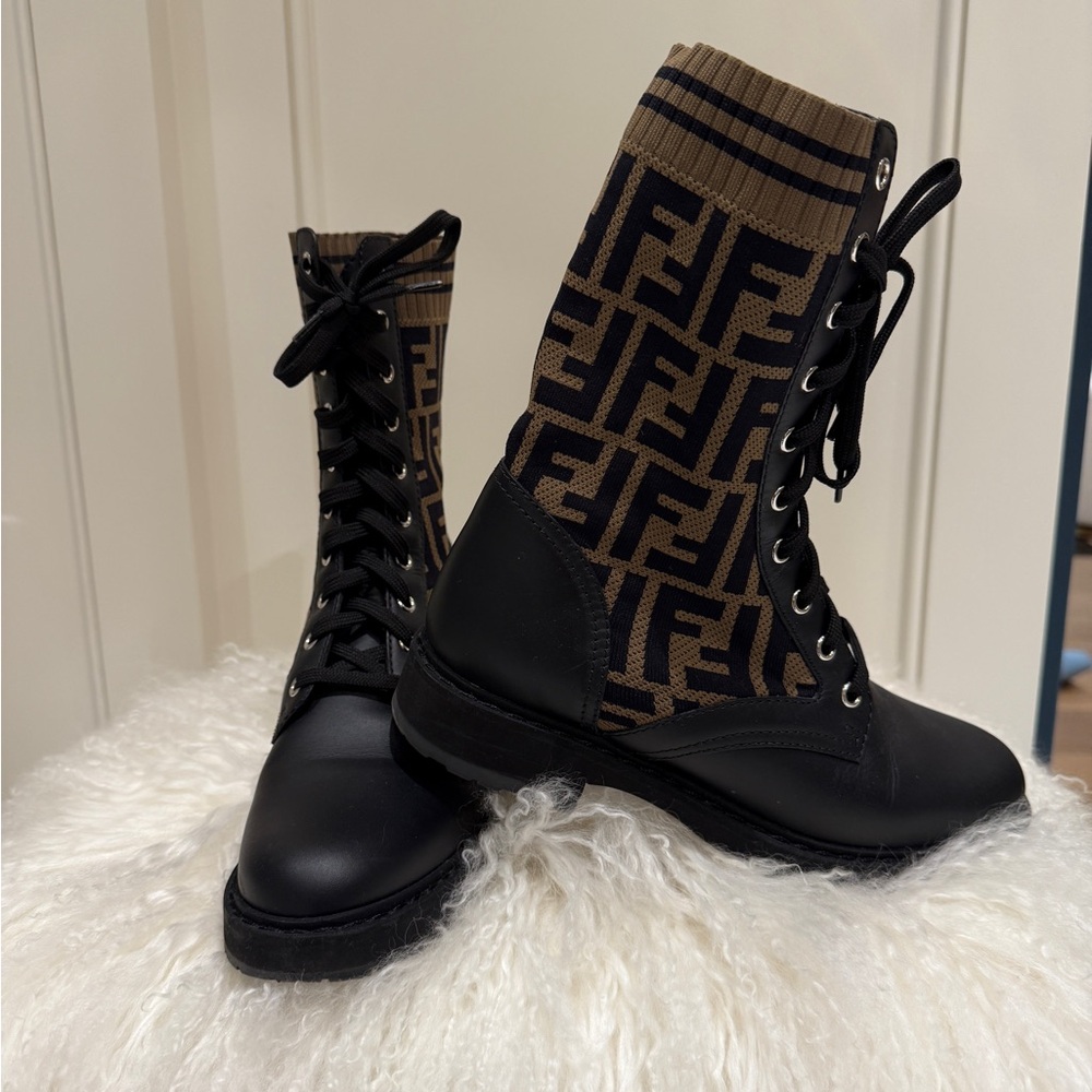 Fendi Black and Brown Logo Lace-Up Boots